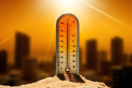 A thermometer in the sand with a city in the background. Generative AI. Thermometer showing extreme temperatures. Thermometer showing extreme temperatures.の素材