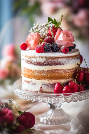 A close up of a cake with berries on it. Generative AI.の素材