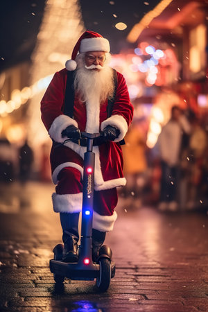A man dressed as santa claus rides a scooter. Generative AI.の素材
