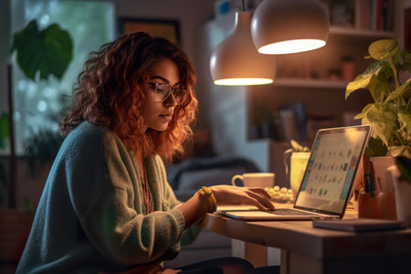 A woman sitting at a desk writing in a notebook. Freelancer working from home, improvised diy office. Generative AI.の素材