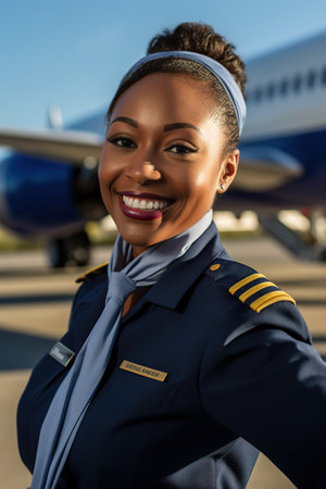 A woman in uniform standing in front of an airplane. Generative AI. Portrait of a flight attendant.の素材