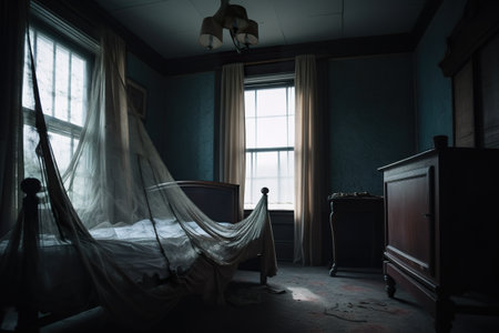 A bedroom with a bed, dresser, and window. AI generative.の素材