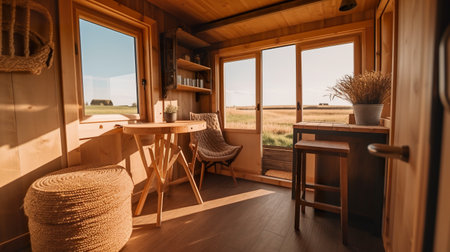 A room with a desk and a chair in it. AI generative. Tiny house interior concept image.の素材