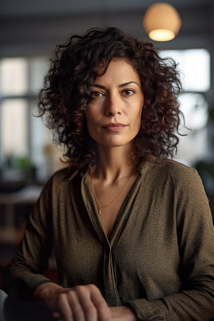 A woman with curly hair sitting at a table. Generative AI. Professional freelancer working from home, work life balance.の素材