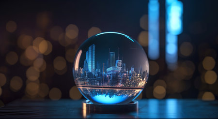 A crystal ball sitting on top of a table. AI generative image of city skyline at night reflected in the ball in cyan and blue light.の素材