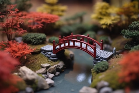 A miniature model of a bridge over a stream. Generative AI.の素材
