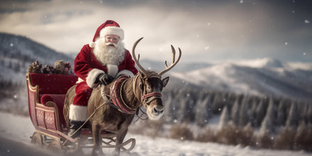 A santa claus riding in a sleigh pulled by a reindeer. Generative AI.の素材