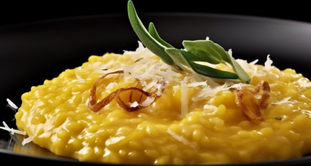 Risotto alla Milanese: Creamy golden risotto made with saffron. Generative AI.の素材