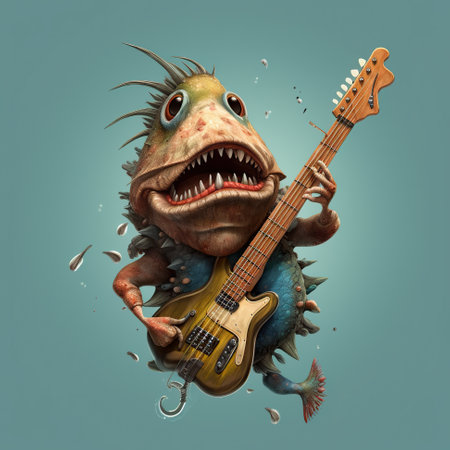 A cartoon fish playing a bass guitar. Generative AI.の素材