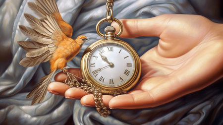 A painting of a person holding a clock and a bird. Generative AI. seeing the time fly away.の素材