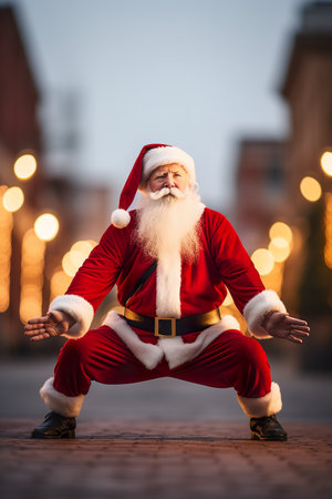 A man dressed as santa claus doing a yoga pose. Generative AI.の素材