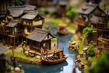 A miniature model of a village with a river running through it. Generative AI.の素材