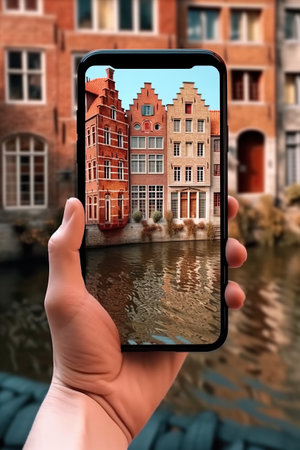 A person taking a picture of a canal with buildings in the background. Generative AI. Bruges in Belgium.の素材