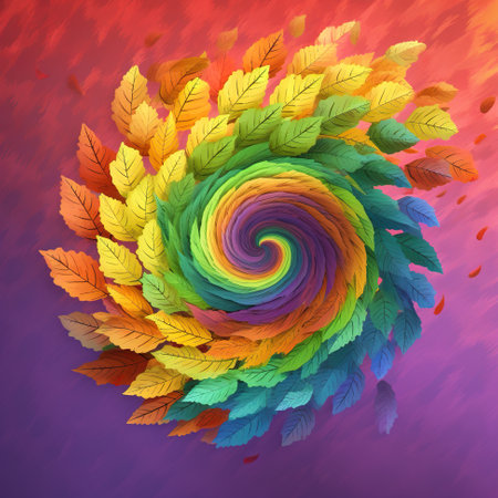 A colorful swirl of leaves on a purple background. Generative AI.の素材