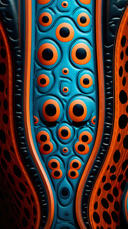 A close up of a vase with orange and blue designs. Generative AI.の素材