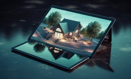 A tablet computer with a small house and forest on top of it. Generative AI image.の素材
