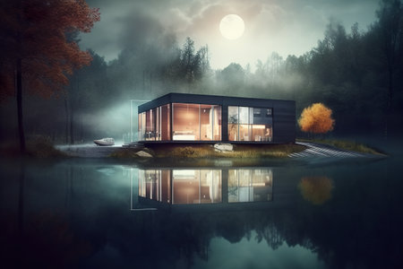 A small house sitting on top of a lake. Generative AI.の素材