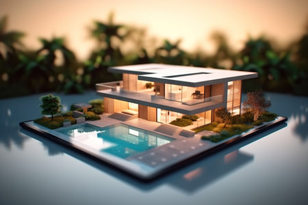 A model of a modern house with a pool. Generative AI.の素材