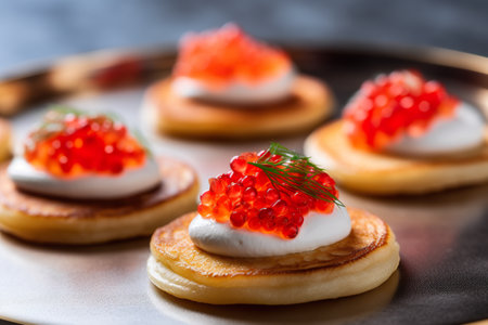 A close up of a plate of food with red cavia. Generative AI.の素材