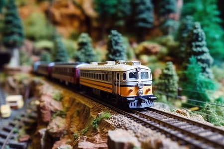 A model train on a train track with trees in the background. Generative AI.の素材
