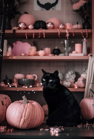 AI generative cute Halloween arrangement in pastel colors. A black cat sitting in front of a shelf full of pumpkins.の素材