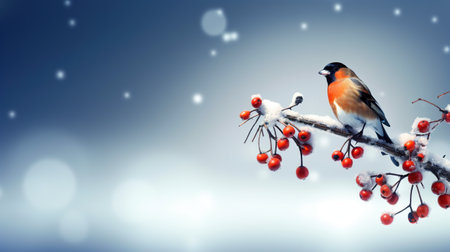 Cute bullfinch bird sits on twig with red rowan berries, Christmas greeting card, AI generative illustration, copy-spaceの素材