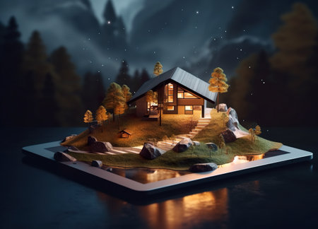 A tablet computer with a small house on top of it. Generative AI image.の素材