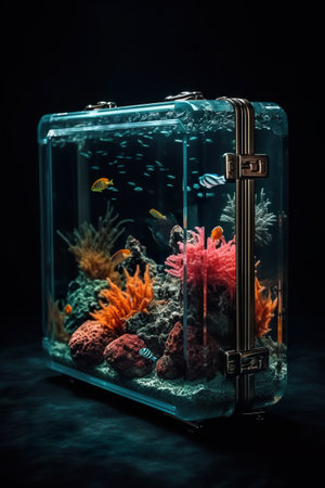 Ocean in travel suitcase, coral reef, fishes and sea creatures in transparent showcase, concept AI generative digital illustrationの素材