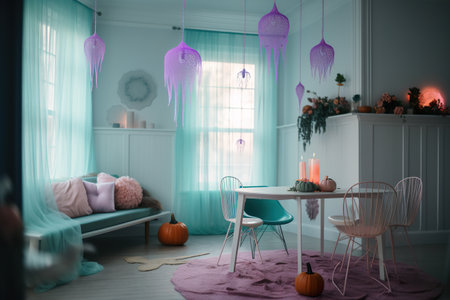 A living room with a table and chairs. AI generative Halloween display in pastel colors.の素材