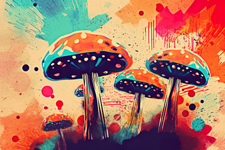 A group of colorful mushrooms sitting on top of a field. Generative AI.の素材