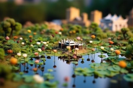 A small house in the middle of a pond. Generative AI.の素材