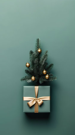 A green present box with a gold bow and a christmas tree. Generative AI.の素材