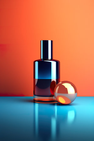 A bottle of perfume next to a glass ball. Generative AI.の素材