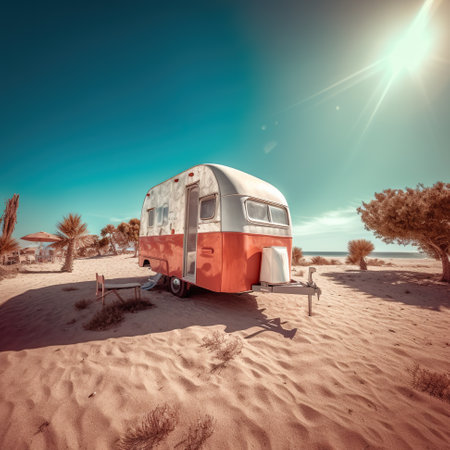 A red and white trailer parked in the sand. Generative AI.の素材
