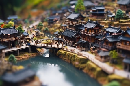 A miniature model of a town with a bridge over a river. Generative AI.の素材