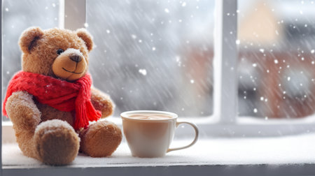 A teddy bear sitting next to a cup of coffee. Generative AI. Autumn tea on rainy day.の素材