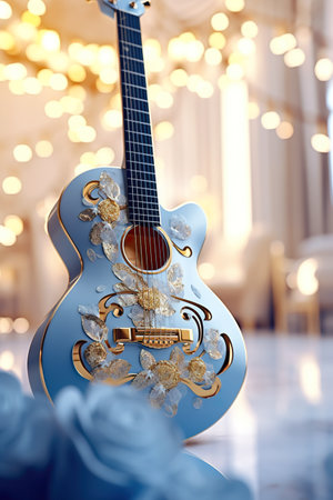 A blue guitar sitting on top of a table. Generative AI.の素材