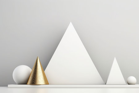 A white shelf with a gold cone on top of it. Generative AI. Beauty product background.の素材