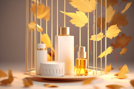 A birdcage with a lot of beauty products in it. Generative AI. Autumn cosmetics mockup display.の素材