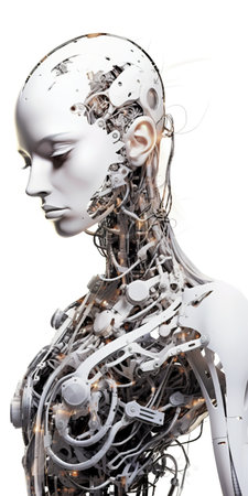 A close up of a robots head and torso. Generative AI.の素材