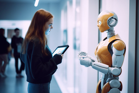 A woman standing next to a robot holding a tablet. Generative AI.の素材