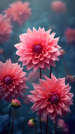 A bunch of pink dahlia flowers in a field. Generative AI.の素材