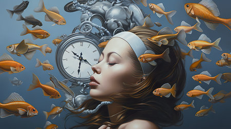 A painting of a woman surrounded by goldfish. Generative AI.の素材