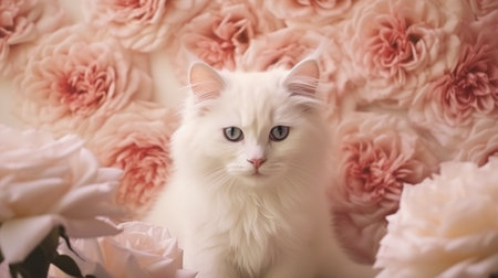 A white cat sitting in a bed of pink roses. Generative AI.の素材