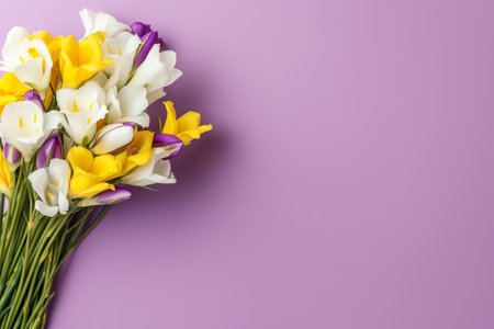 A bunch of white and yellow flowers on a purple background. Generative AI. Copy space, place for text.の素材