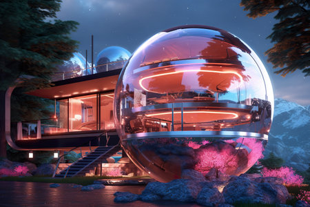 A futuristic house in the middle of a forest at night. Generative AI.の素材