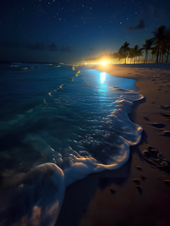 A beach at night with footprints in the sand. Generative AI.の素材