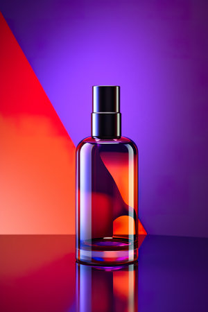 A bottle of perfume sitting on top of a table. Generative AI.の素材