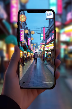 A person holding a cell phone in their hand. Generative AI.の素材