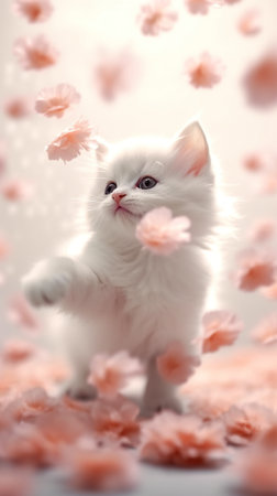 A white kitten is playing with pink flowers. Generative AI.の素材